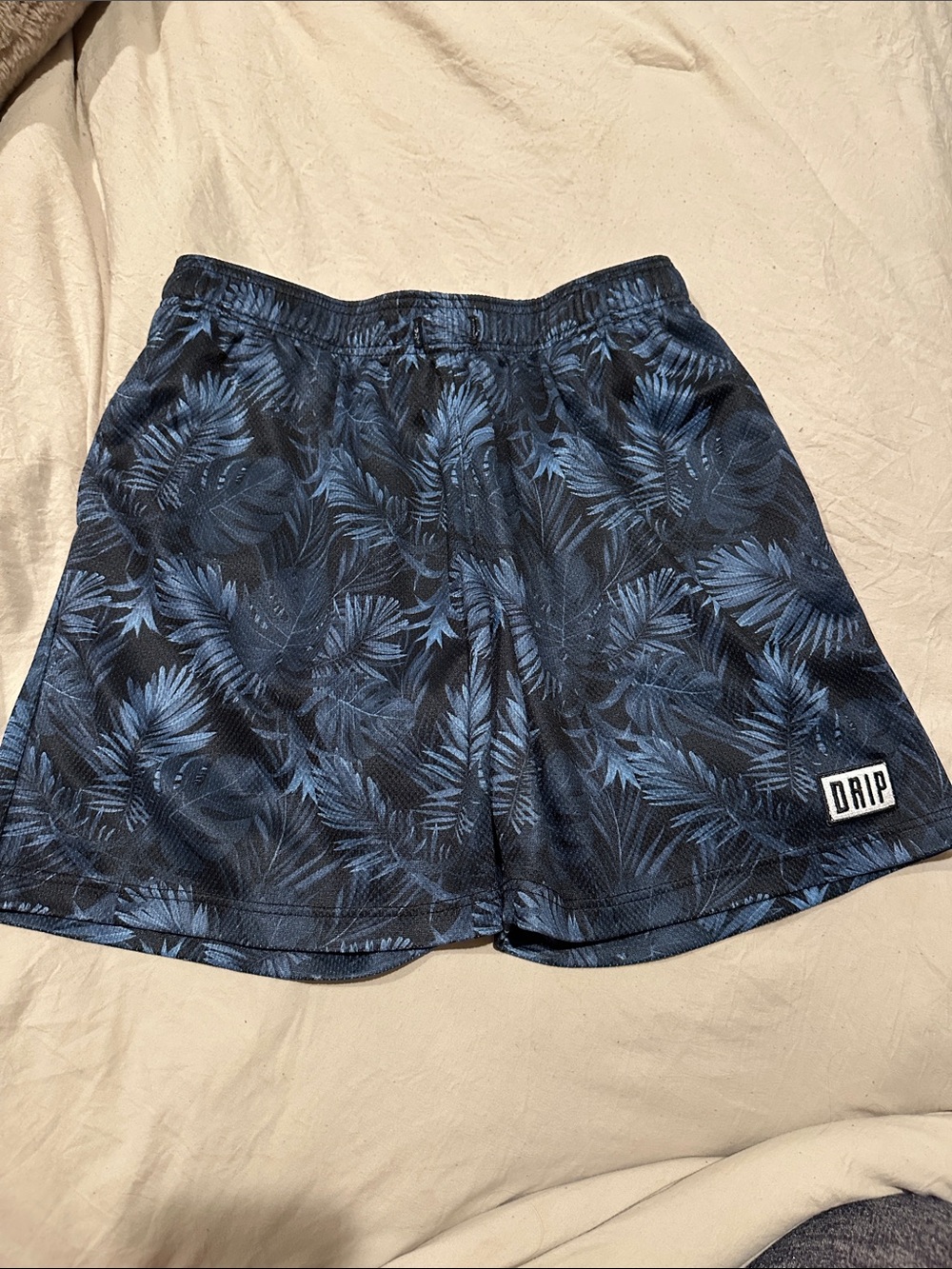 Boys' Navy Blue Palm-Print Athletic Shorts- missing string